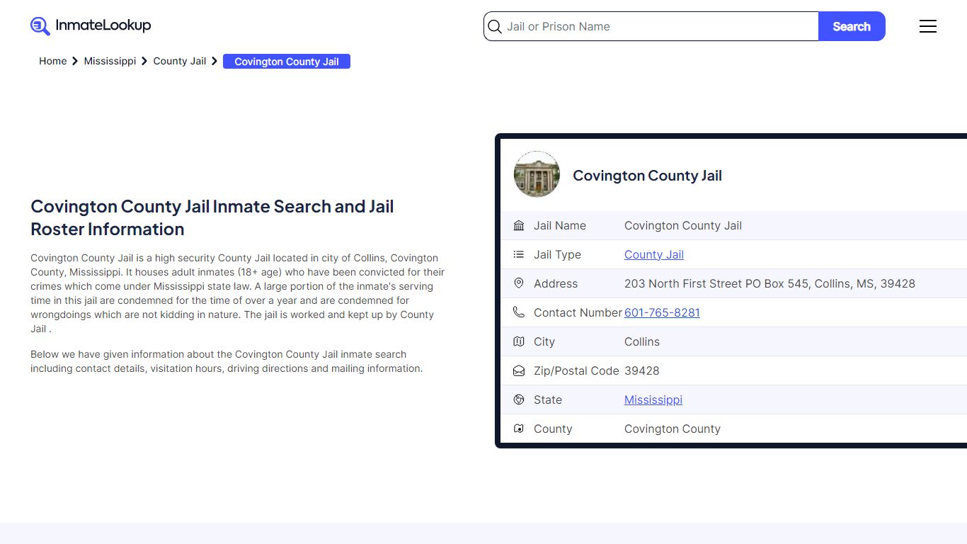 Covington County Jail Inmate Search - Collins Mississippi - Inmate Lookup